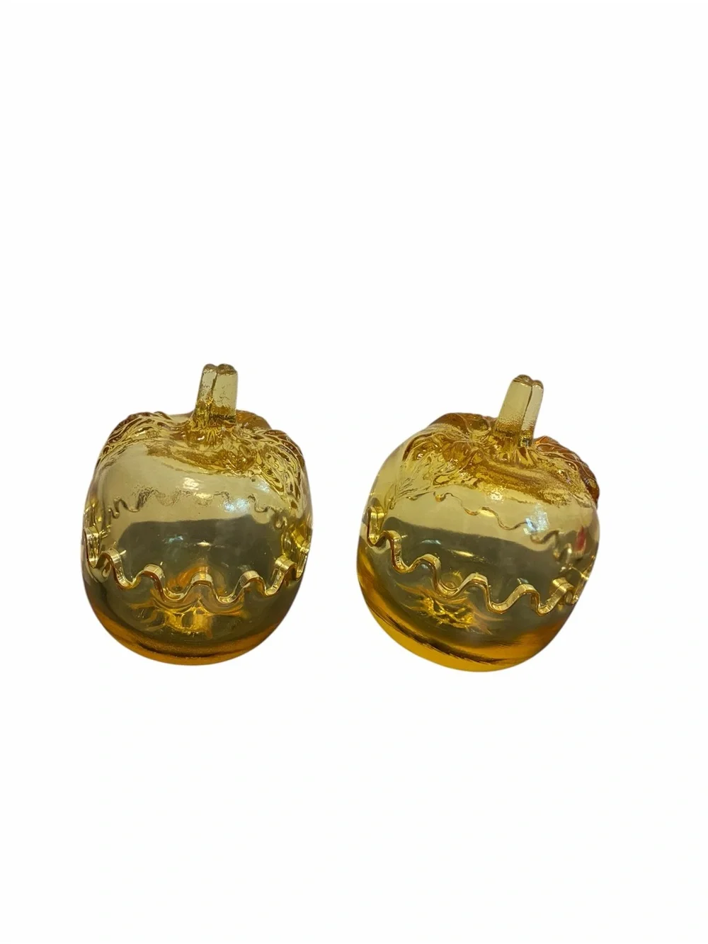 Vintage Amber Glass Pumpkin Candy Dish Set Scalloped Edge Fall Decor 2pc Yellow